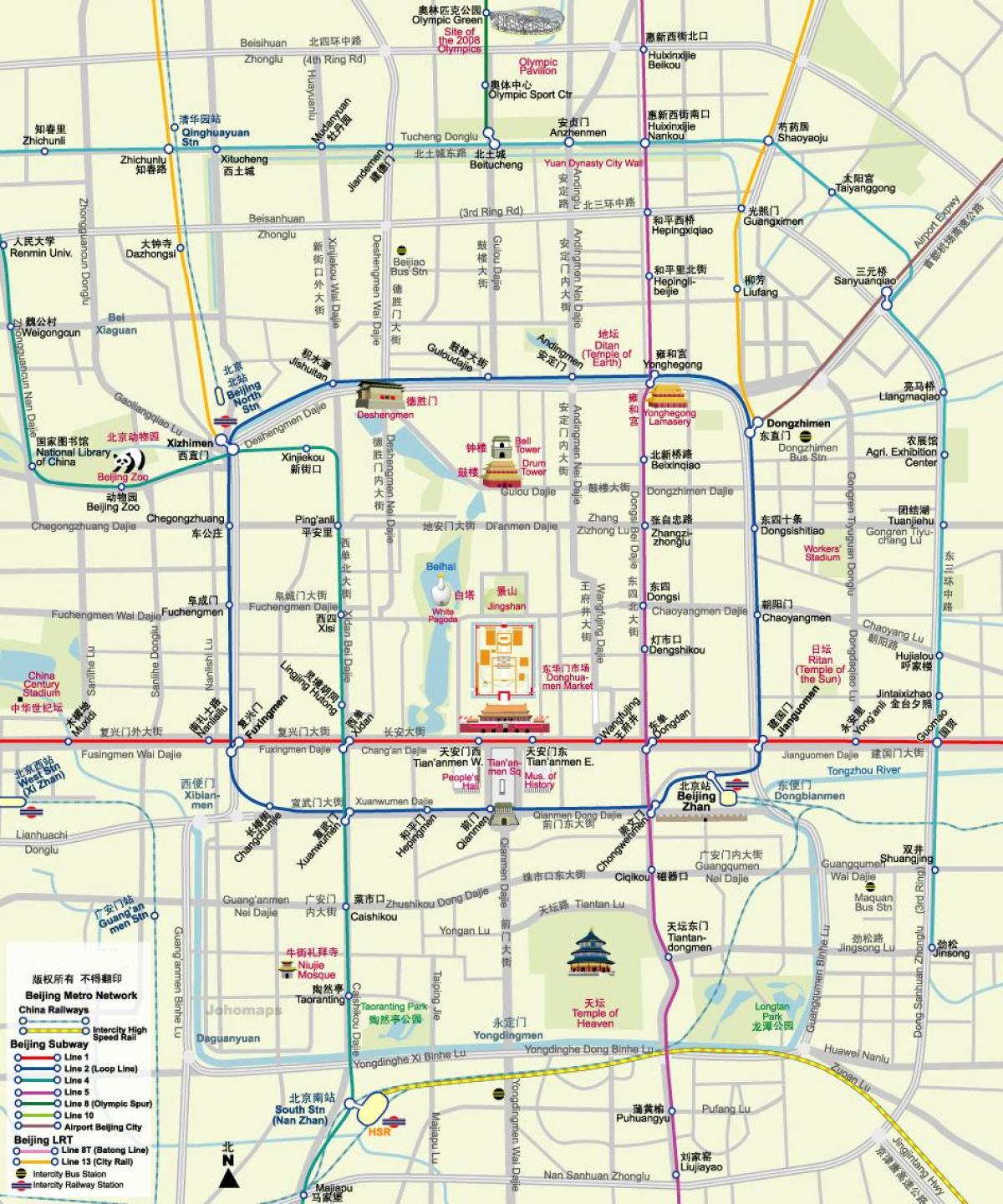 מפה של מפת הרכבת התחתית של בייג ' ינג עם אטרקציות תיירותיות